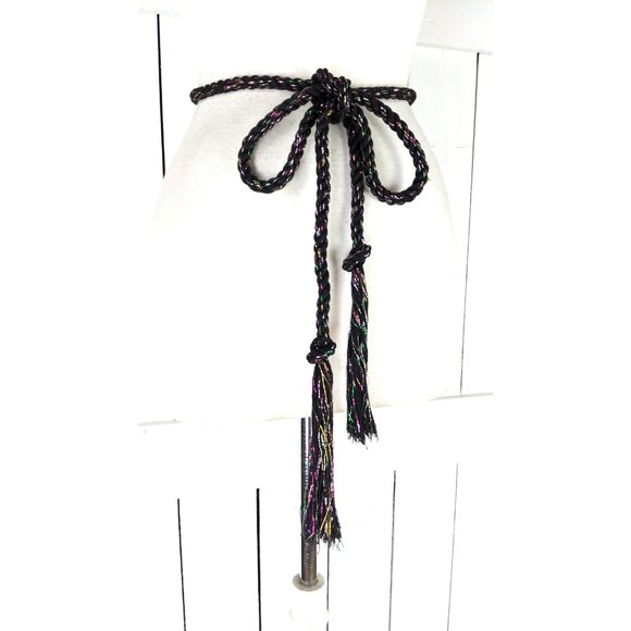 Black colorful metallic thread long woven braided rope knotted tassel chord tie - Picture 4 of 5